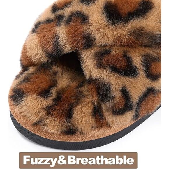 Women's Fuzzy Slippers Cross Band Leopard Brown Memory Foam House Slippers - Picture 3 of 5